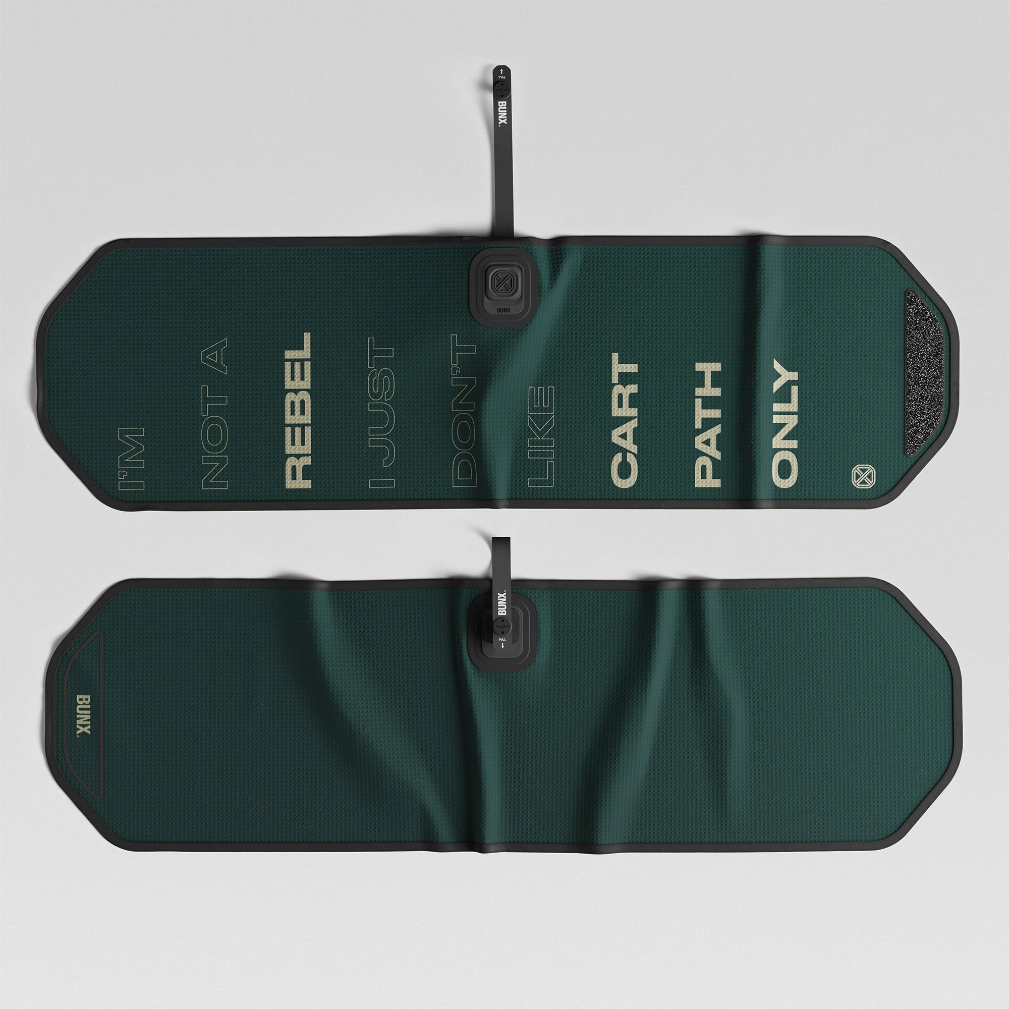 BUNX Golf Rebel towel front and back showing print, scrub pad and Fidlock attachment