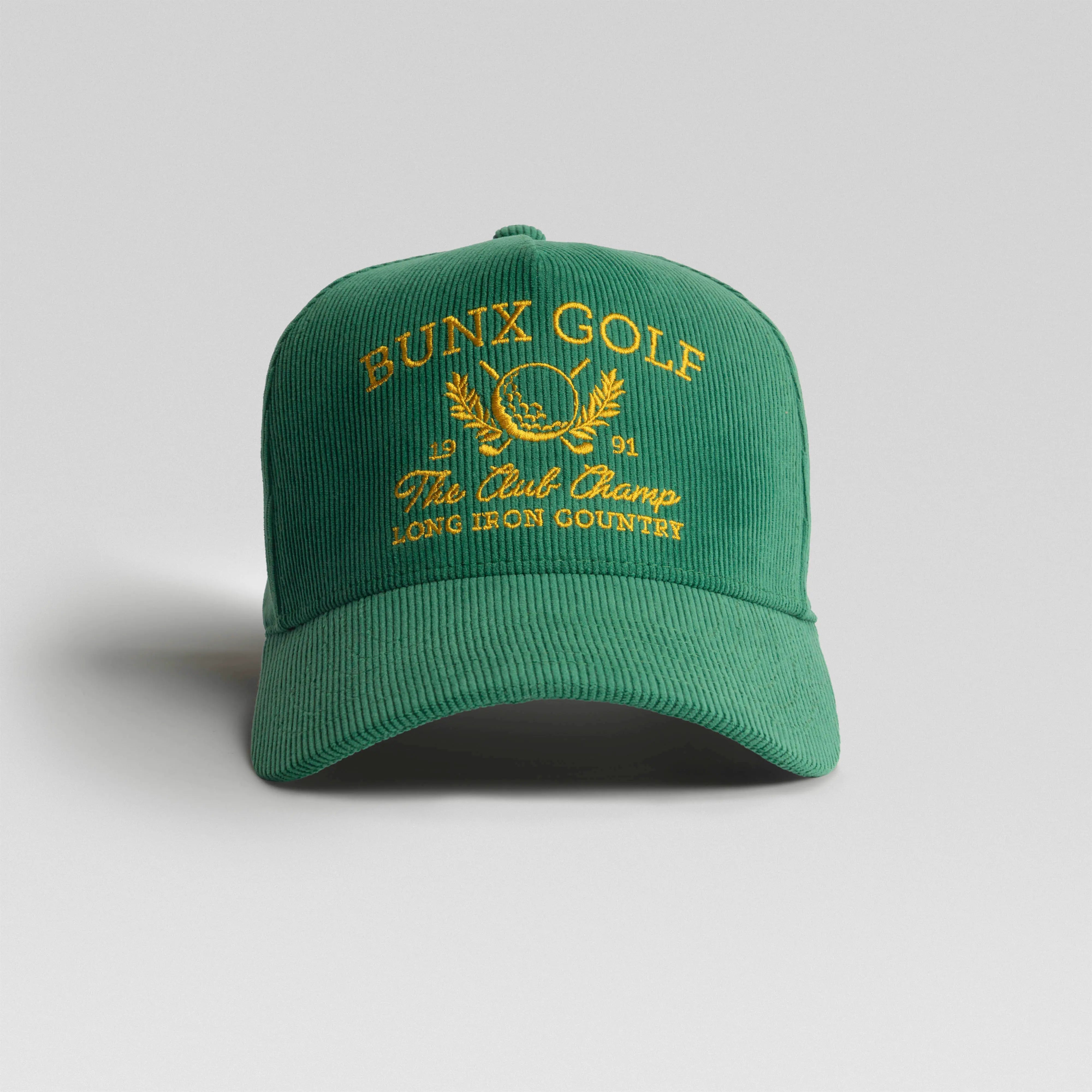 CLUB CHAMP Golf Hat | Green Corduroy 5-Panel Snapback | BUNX