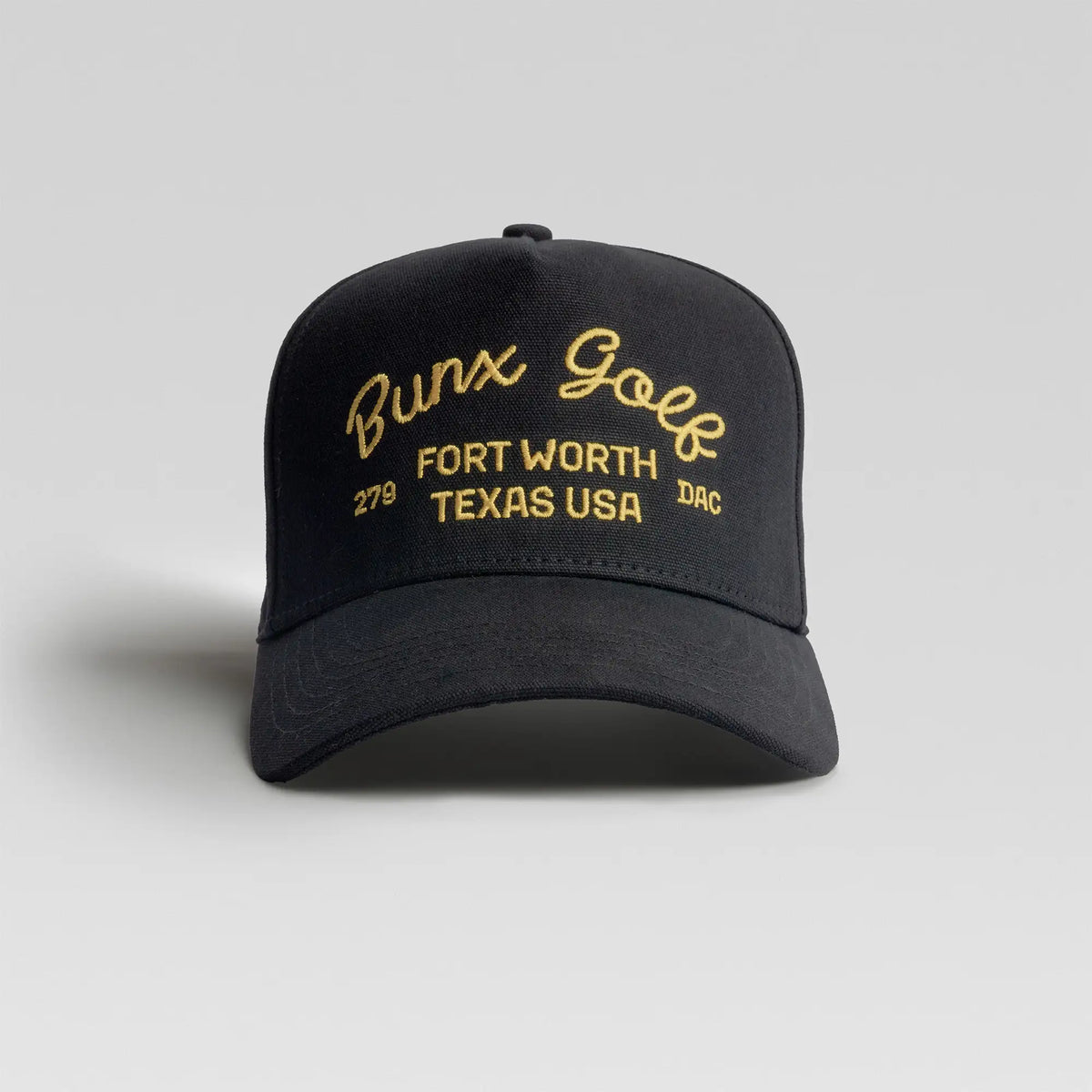 BUNX Golf Fort Worth 5-panel snapback in black with gold script embroidery, front view