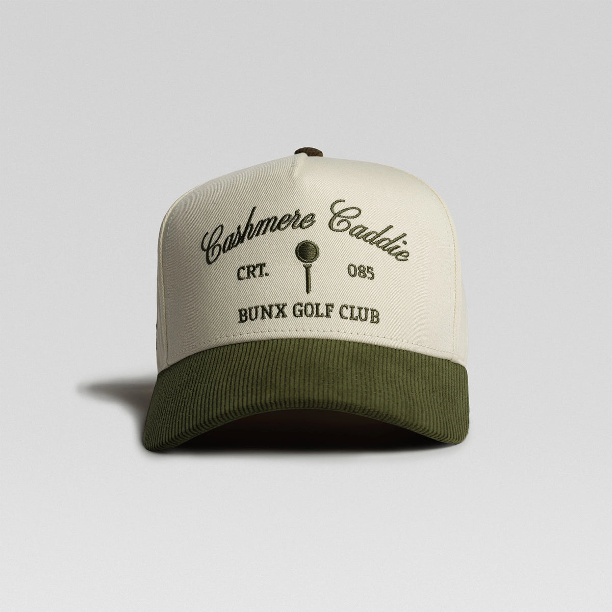 BUNX Golf Cashmere Caddie snapback in natural with green corduroy brim, front view
