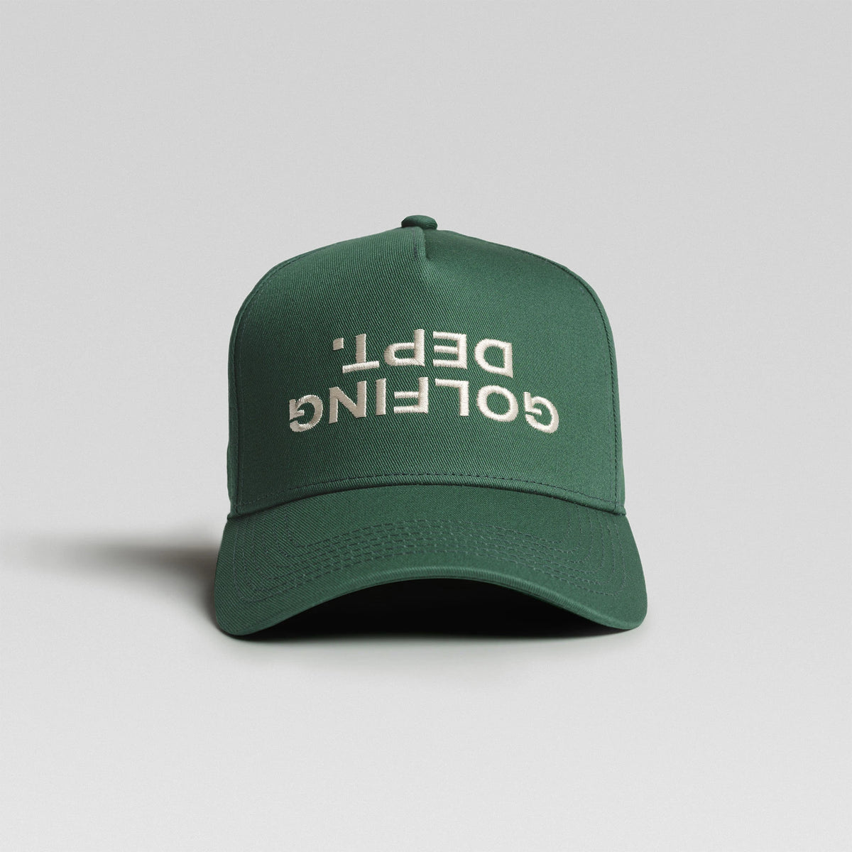 BUNX Golf Golfing Dept 5-panel snapback in dark green, front view with upside-down text