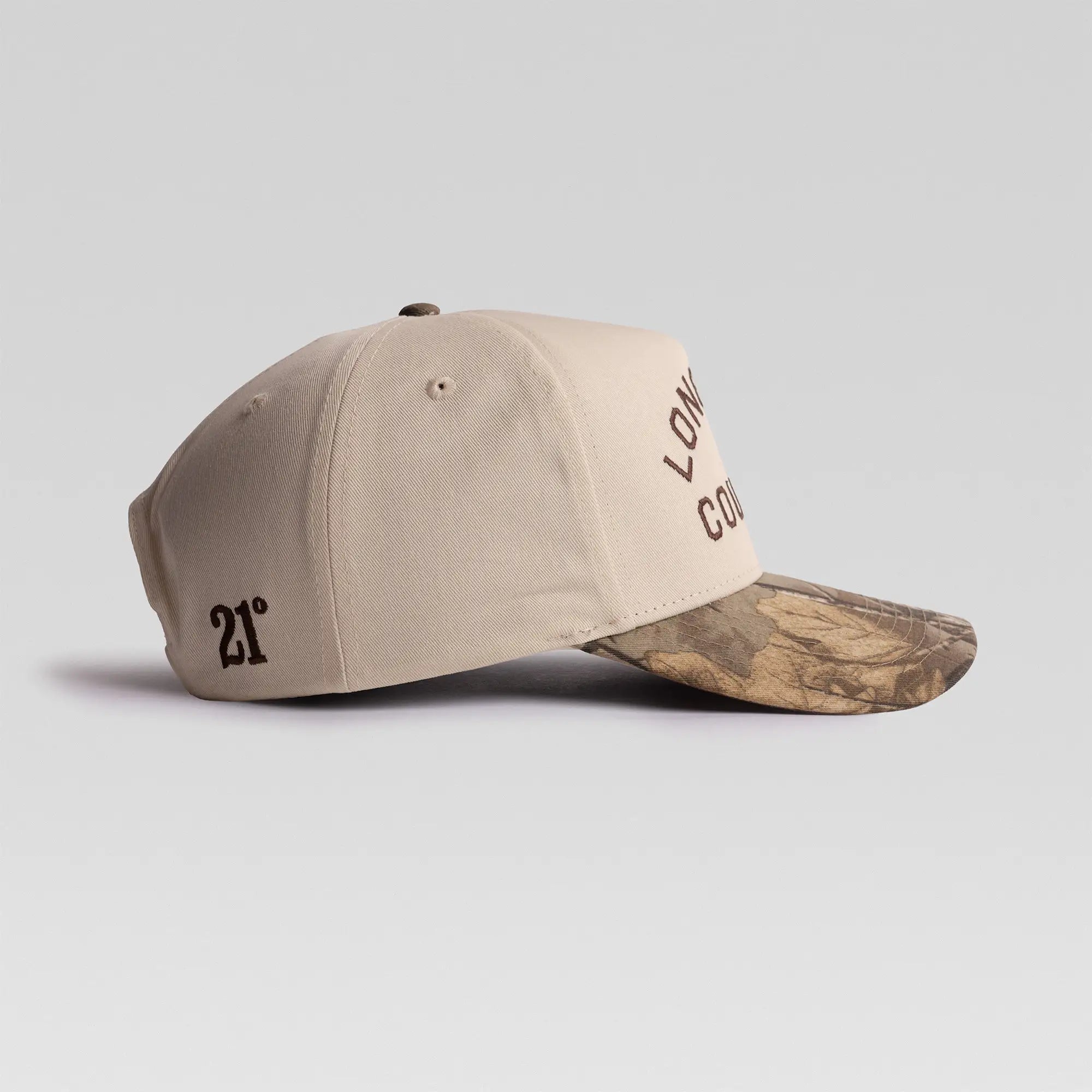 BUNX Golf Long Iron Country natural and camo snapback, right side view with 21 degree loft embroidery