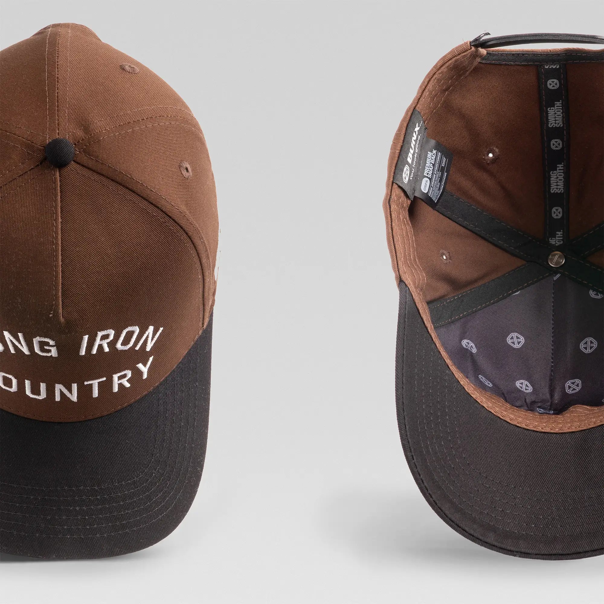 BUNX Golf Long Iron Country brown and black snapback, back and interior views with monogram undervisor