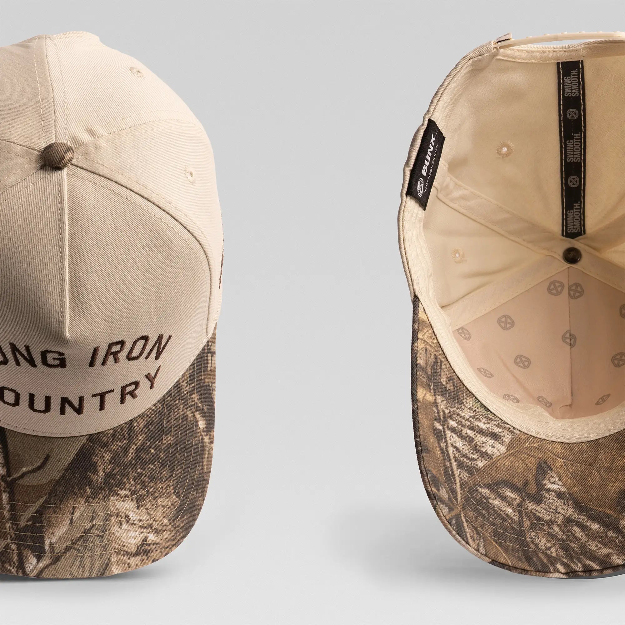BUNX Golf Long Iron Country natural and camo snapback, back and interior views
