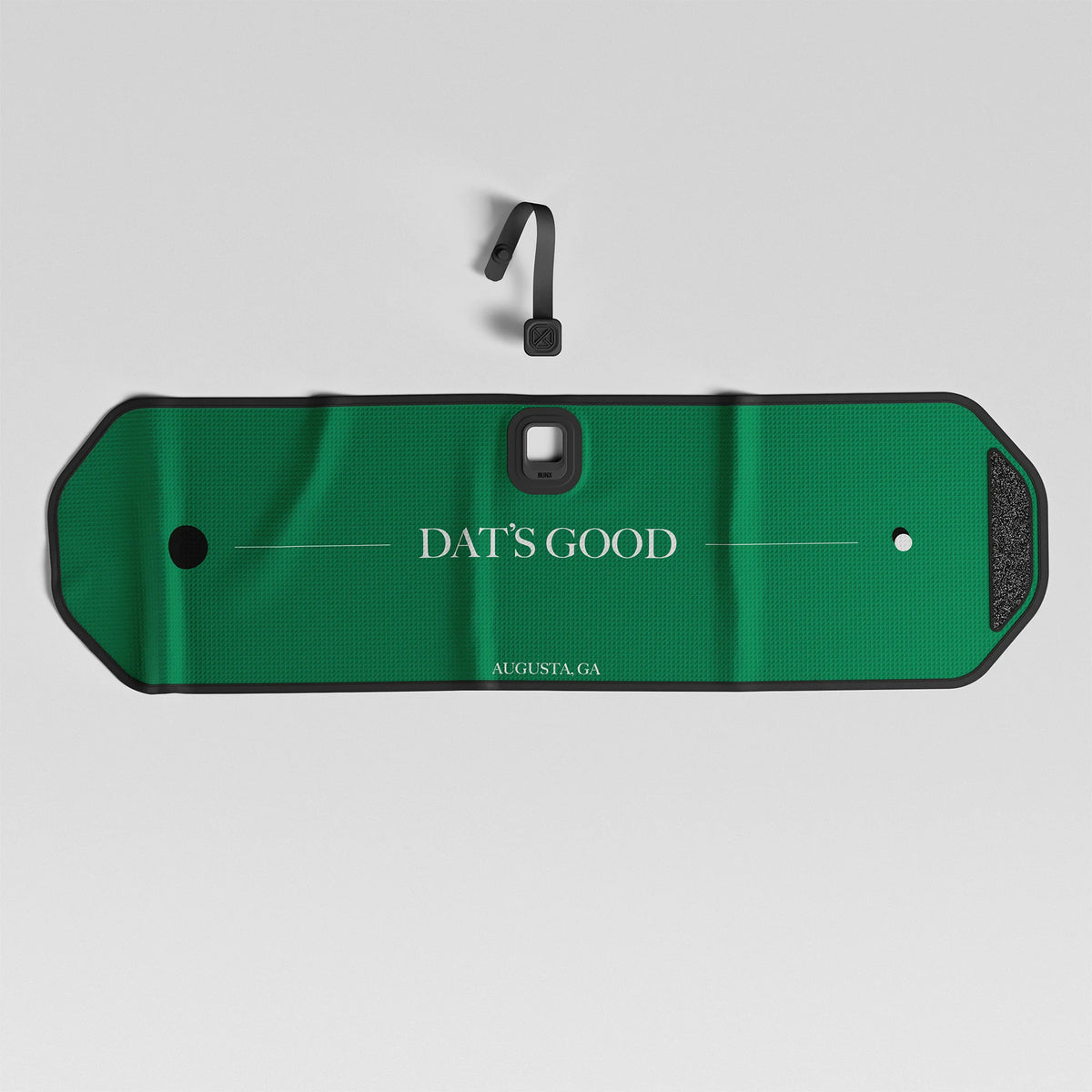 BUNX Golf magnetic towel in Dats Good green Augusta gimme design with Fidlock strap and removable tablet