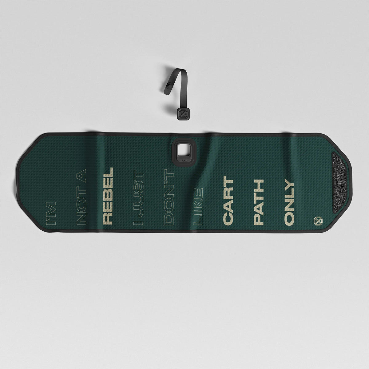 BUNX Golf magnetic towel in Rebel dark green Cart Path Only text with Fidlock strap and removable tablet