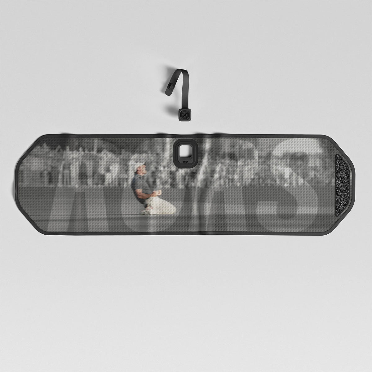 BUNX Golf magnetic towel in RORS black and white Masters print with Fidlock strap and removable tablet
