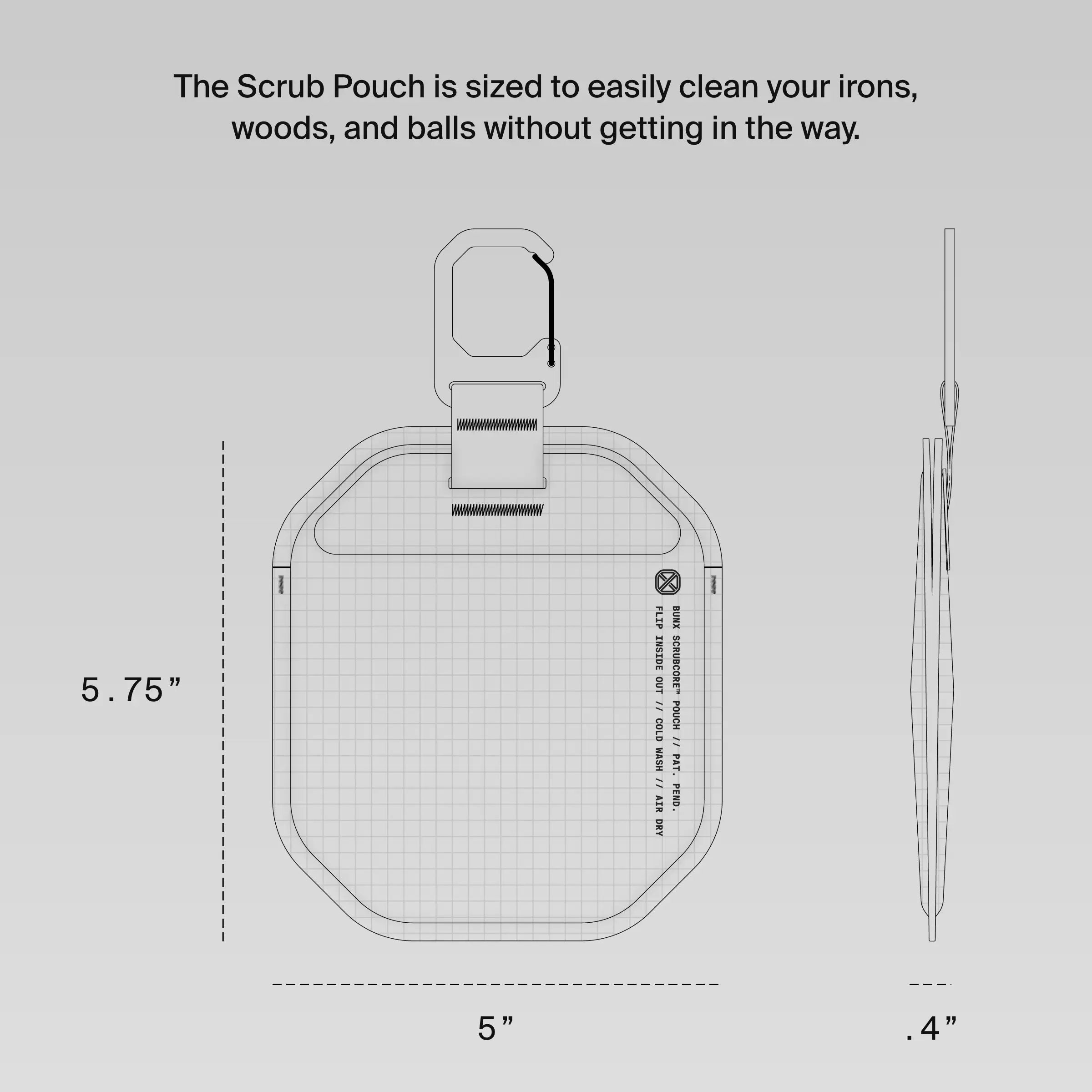 BUNX Golf Scrub Pouch dimensions diagram showing 5 inch width 5.75 inch height 0.4 inch depth