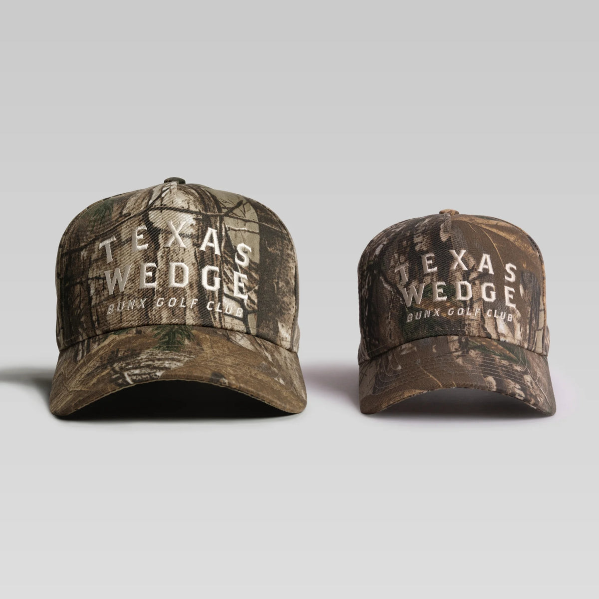 BUNX Golf Texas Wedge adult and youth matching snapbacks in Realtree camo