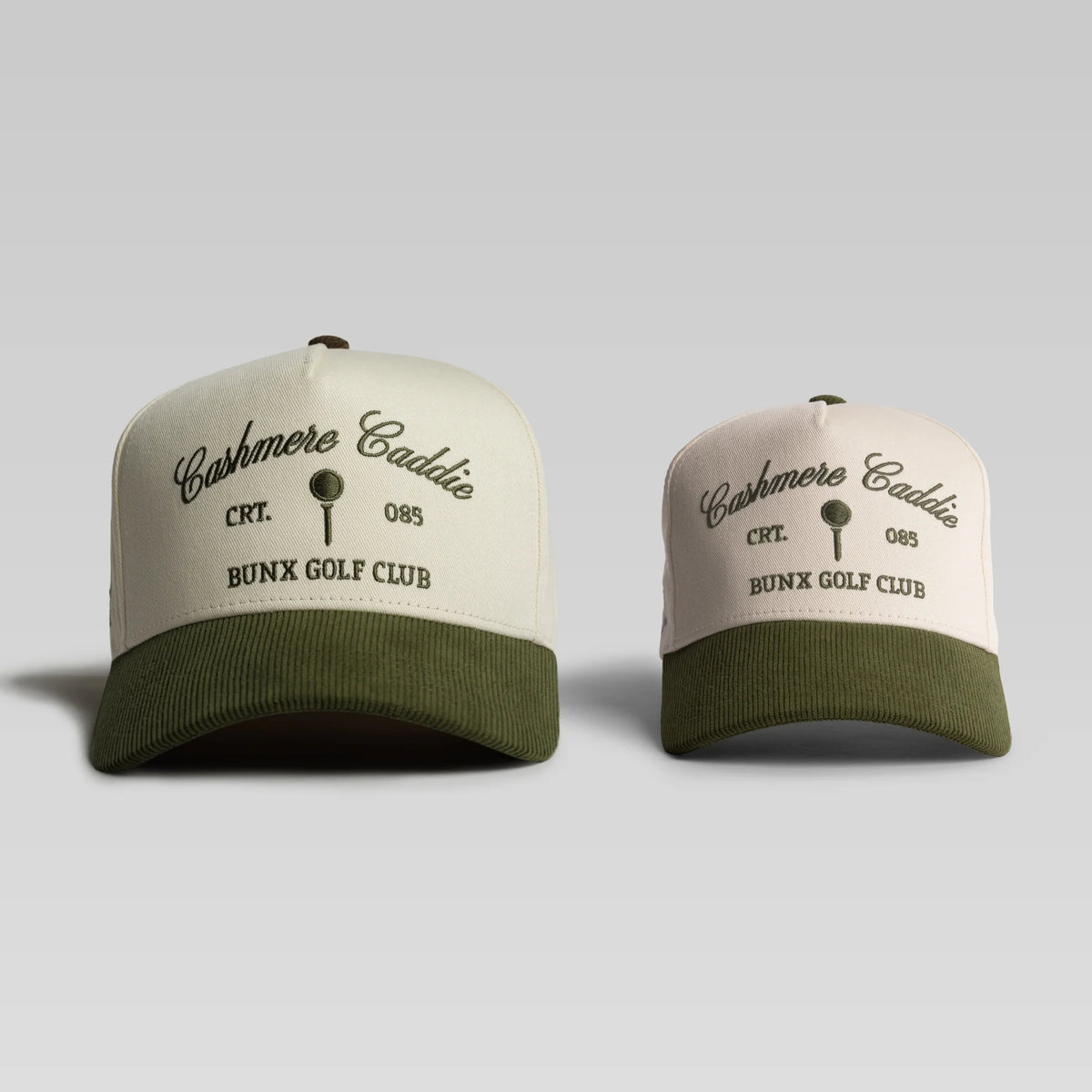 BUNX Golf Cashmere Caddie adult and youth matching snapbacks in natural with green brim