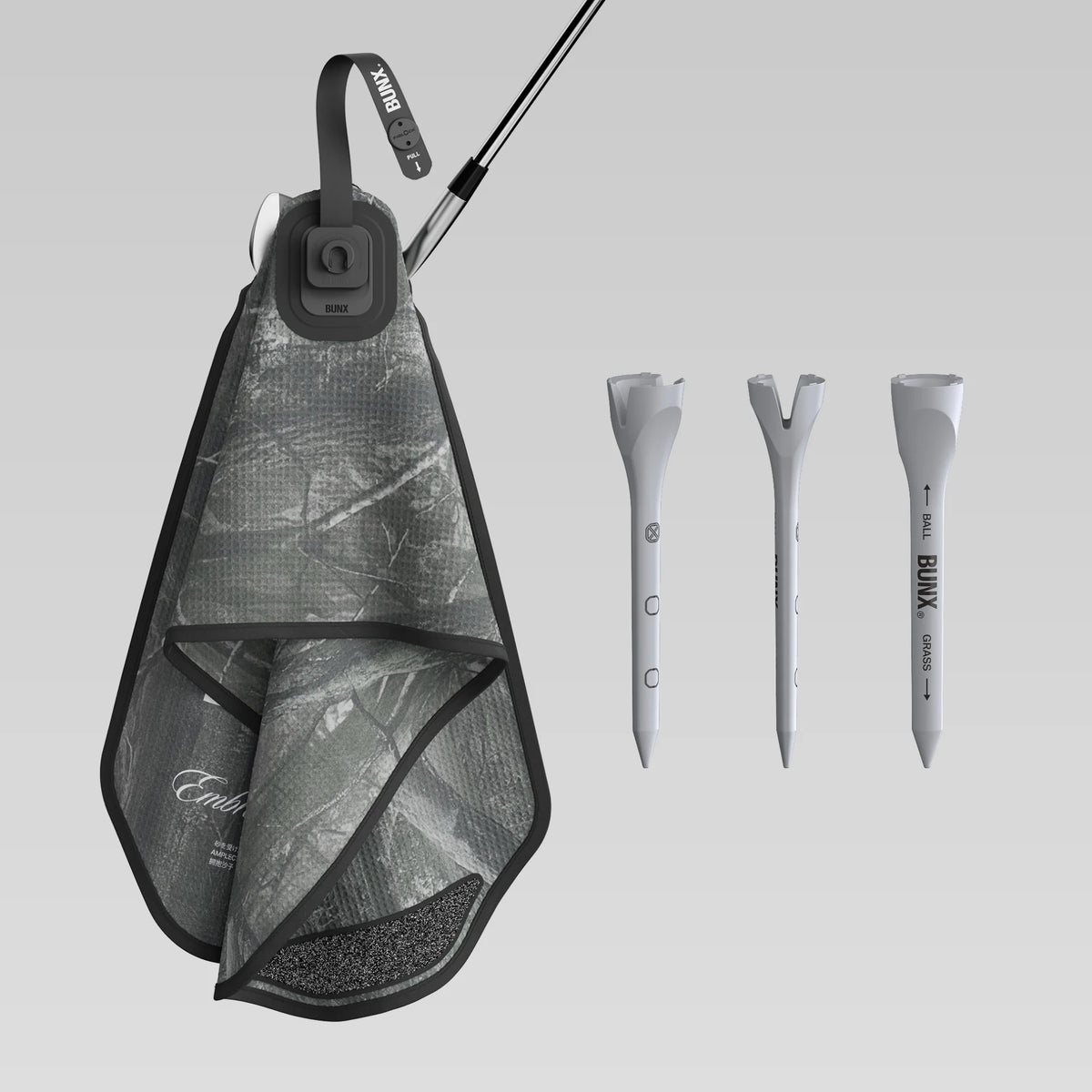BUNX Golf towel and V-01 tees bundle with magnetic towel clipped to club and three tees